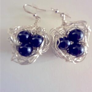 Silver wire bird’s nest w navy “pearl” eggs on drop, pierced, hook earrings